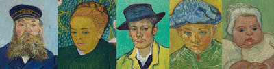 Compilatie van closeups van de vijf portretten van de familie Roulin: Joseph, Augustine, Armand, Camille en Marcelle